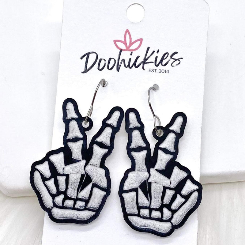 2" Peace Out Engraved Skeleton Acrylics - Halloween Earrings by Doohickies Wholesale