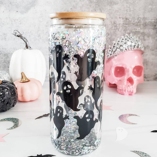 Friendly Ghosts Halloween Snowglobe Glitter Iced Coffee Cup by Salt and Sparkle