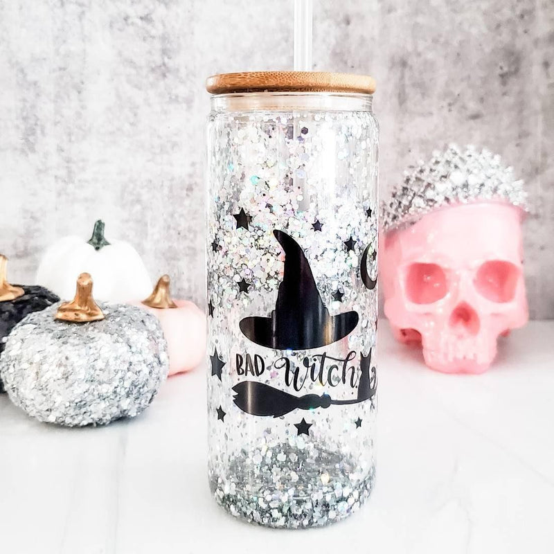 Friendly Ghosts Halloween Snowglobe Glitter Iced Coffee Cup by Salt and Sparkle