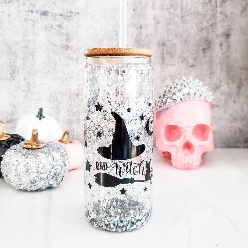 Friendly Ghosts Halloween Snowglobe Glitter Iced Coffee Cup by Salt and Sparkle