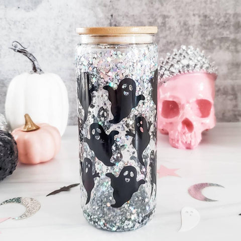 Friendly Ghosts Halloween Snowglobe Glitter Iced Coffee Cup by Salt and Sparkle