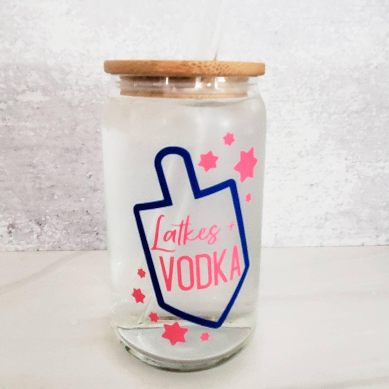 Latkes and Vodka Color Changing Hanukkah Glass Can Cup by Salt and Sparkle