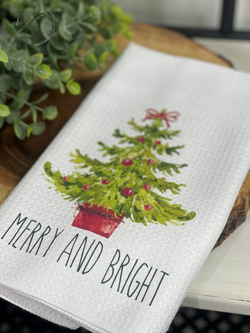 Merry And Bright Holiday Tree Waffle Weave Tea Towel by CMD Wholesale